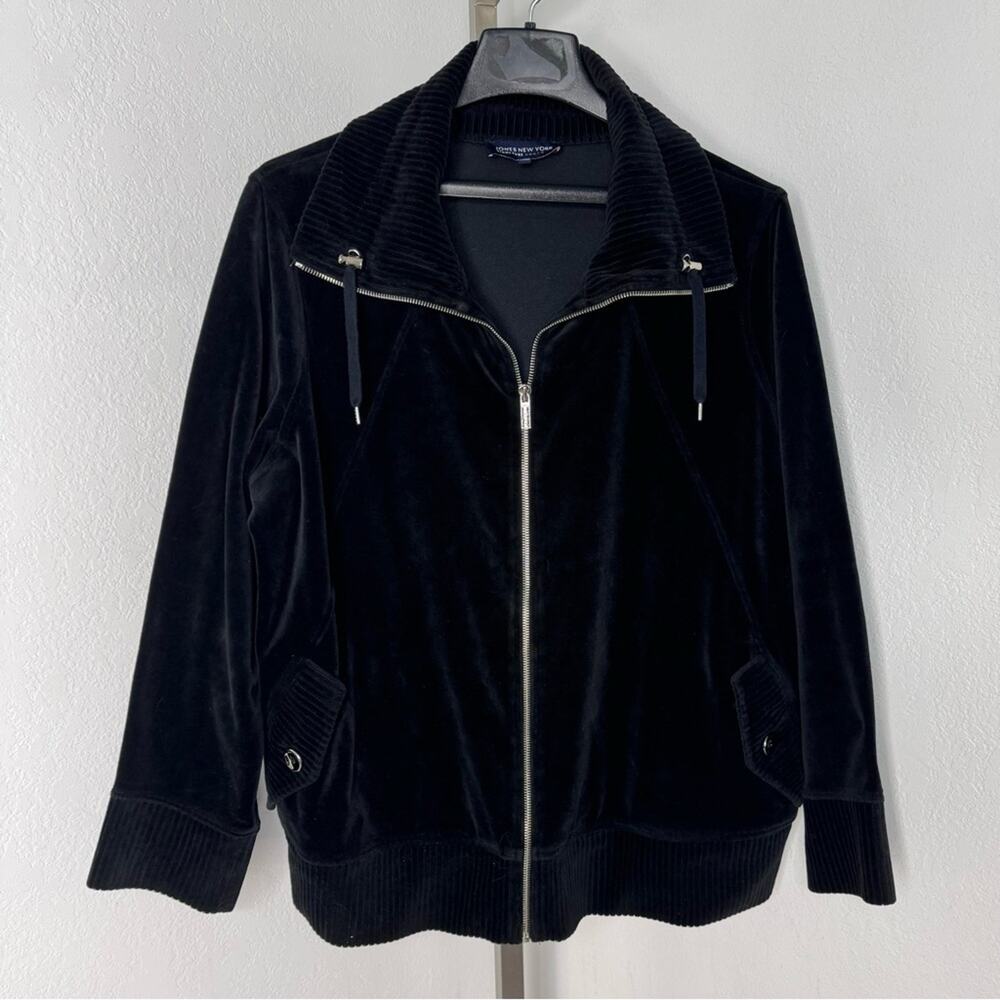 Jones New York Black Velour Zip Jacket 1X Ribbed Collar Y2K Cozy Luxe